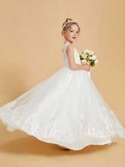 Lace Tulle Floor-Length Flower Girl Dress with Princess Embroidery