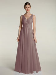 V-neck Tulle Floor Length Bridesmaid Dress Dusk