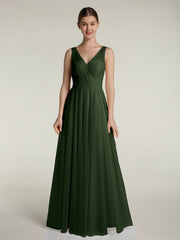 V-neck Tulle Floor Length Bridesmaid Dress Olive Green