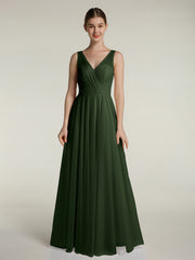 V-neck Tulle Floor Length Bridesmaid Dress Olive Green
