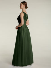 V-neck Tulle Floor Length Bridesmaid Dress Olive Green