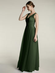 V-neck Tulle Floor Length Bridesmaid Dress Olive Green