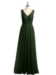 V-neck Tulle Floor Length Bridesmaid Dress Olive Green