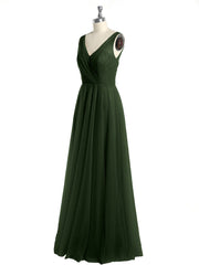 V-neck Tulle Floor Length Bridesmaid Dress Olive Green