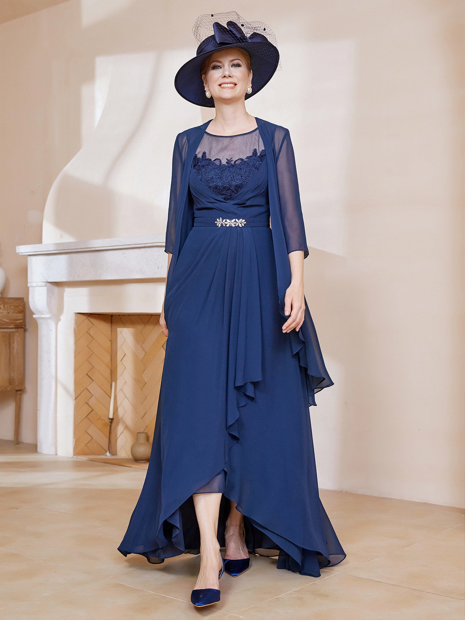 BABARONI Chiffon Lace Dark Navy Mother of the Bride Dresses A-line