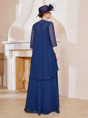 Illusion Neckline Chiffon Dress With Jacket Dark Navy