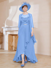 Illusion Neckline Chiffon Dress With Jacket Blue