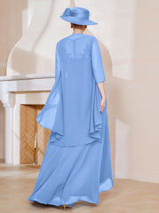 Illusion Neckline Chiffon Dress With Jacket Blue