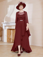 Illusion Neckline Chiffon Dress With Jacket Burgundy