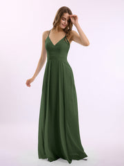 Spaghetti Strap Chiffon Gowns with Pockets and V Neck Olive Green