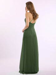 Spaghetti Strap Chiffon Gowns with Pockets and V Neck Olive Green