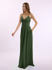 Spaghetti Strap Chiffon Gowns with Pockets and V Neck Olive Green