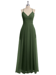 Spaghetti Strap Chiffon Gowns with Pockets and V Neck Olive Green