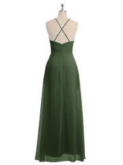 Spaghetti Strap Chiffon Gowns with Pockets and V Neck Olive Green