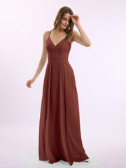 Spaghetti Strap Chiffon Gowns with Pockets and V Neck Terracotta