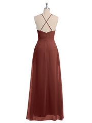 Spaghetti Strap Chiffon Gowns with Pockets and V Neck Terracotta