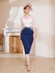 Sheath Illusion Neckline Tea-Length Dress Dark Navy