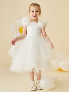 Tulle Cap Sleeve Lace-up Back Flower Girl Dress