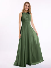 Long Chiffon Dress with Deep V Neck Decor with Lace Olive Green