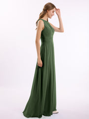 Long Chiffon Dress with Deep V Neck Decor with Lace Olive Green