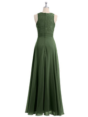 Long Chiffon Dress with Deep V Neck Decor with Lace Olive Green