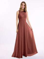 Long Chiffon Dress with Deep V Neck Decor with Lace Terracotta