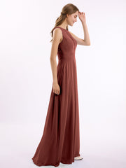 Long Chiffon Dress with Deep V Neck Decor with Lace Terracotta