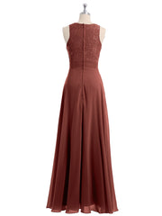 Long Chiffon Dress with Deep V Neck Decor with Lace Terracotta