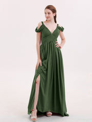 Sweep Train Chiffon Sexy Dress with Slit Olive Green