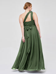 One Shoulder Flower Attached Chiffon Gown with Pockets Olive Green