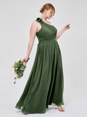 One Shoulder Flower Attached Chiffon Gown with Pockets Olive Green