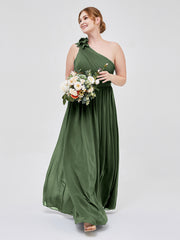 One Shoulder Flower Attached Chiffon Gown with Pockets Olive Green