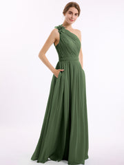 One Shoulder Flower Attached Chiffon Gown with Pockets Olive Green