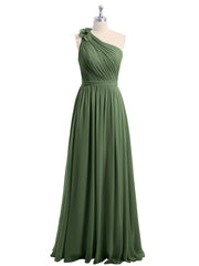 One Shoulder Flower Attached Chiffon Gown with Pockets Olive Green