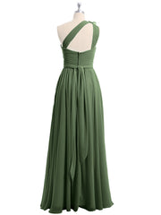 One Shoulder Flower Attached Chiffon Gown with Pockets Olive Green