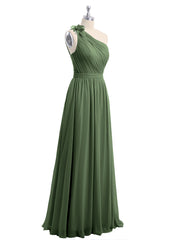 One Shoulder Flower Attached Chiffon Gown with Pockets Olive Green