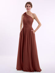 One Shoulder Flower Attached Chiffon Gown with Pockets Terracotta