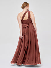 One Shoulder Flower Attached Chiffon Gown with Pockets Terracotta