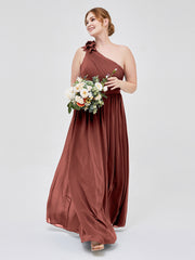 One Shoulder Flower Attached Chiffon Gown with Pockets Terracotta