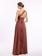 One Shoulder Flower Attached Chiffon Gown with Pockets Terracotta