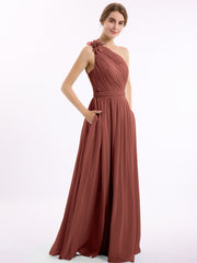One Shoulder Flower Attached Chiffon Gown with Pockets Terracotta