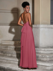 Long Chiffon Dress for Bridesmaid with Bow Cinnamon Rose