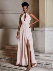 Simple Chiffon Halter Dress for Bridesmaid with Slit Pearl Pink