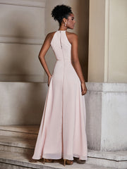 Simple Chiffon Halter Dress for Bridesmaid with Slit Pearl Pink