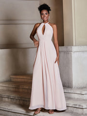 Simple Chiffon Halter Dress for Bridesmaid with Slit Pearl Pink