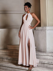 Simple Chiffon Halter Dress for Bridesmaid with Slit Pearl Pink