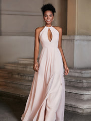 Simple Chiffon Halter Dress for Bridesmaid with Slit Pearl Pink