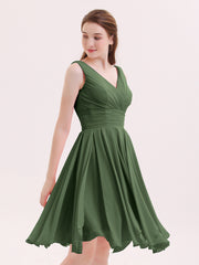 V-neck Short Chiffon Bridesmaid Gowns Olive Green