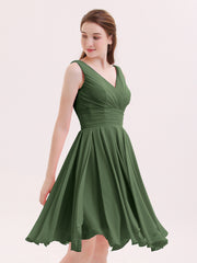 V-neck Short Chiffon Bridesmaid Gowns Olive Green