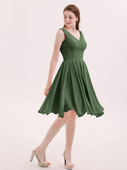 V-neck Short Chiffon Bridesmaid Gowns Olive Green